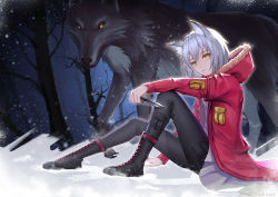 Rule 34 | 1girl, animal, animal ears, arknights, artist name, bare tree, black footwear, black pants, boots, commentary request, cross-laced footwear, dress, fur-trimmed jacket, fur trim, grey dress, head tilt, highres, holding, holding knife, holding weapon, hood, hooded jacket, jacket, knee up, knife, kurozawamaki, lace-up boots, left-handed, leggings, long sleeves, looking at viewer, pants, projekt red (arknights), red jacket, reverse grip, short dress, short hair, silver hair, sitting, snow, tree, weapon, wolf, wolf ears, yellow eyes