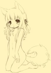Rule 34 | 1girl, animal ears, bad id, bad pixiv id, blush, copyright request, flat chest, furry, furry female, kishibe, long hair, monochrome, nude, simple background, solo, tail