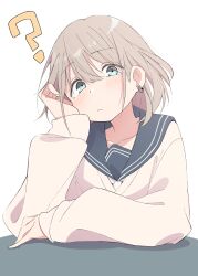 Rule 34 | 1girl, ?, blue eyes, blush, breasts, closed mouth, collarbone, dot nose, earrings, eitopondo, elbows on table, grey hair, grey sailor collar, head rest, highres, idolmaster, idolmaster shiny colors, jewelry, long sleeves, looking at viewer, sailor collar, school uniform, serizawa asahi, shirt, short hair, simple background, sitting, small breasts, solo, white background, white shirt