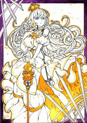 Rule 34 | 1girl, ascot, blue eyes, cane, chinese commentary, cinders, color ink (medium), crown, curly hair, detached sleeves, dress, earrings, frilled skirt, frills, garter belt, garter straps, gloves, hand on hilt, hand on own chest, highres, jewelry, legs, limited palette, lion (warship girls r), long hair, navel, open clothes, open dress, orange gloves, panties, signature, skirt, solo, thighhighs, underwear, very long hair, warship girls r, white dress, yu zhiju