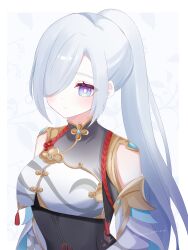 Rule 34 | 1girl, alternate hairstyle, bare shoulders, blue eyes, bodystocking, clothing cutout, commentary request, genshin impact, grey shirt, hair over one eye, highres, kino (curry pan), long hair, ponytail, shenhe (genshin impact), shirt, shoulder cutout, solo, upper body, very long hair, white hair