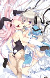 Rule 34 | 2girls, absurdres, aftersex, ahoge, animal ears, ass, back, bare shoulders, bed, bed sheet, black footwear, black ribbon, blue dress, blue ribbon, blush, bow, breasts, collared dress, cum, cum in pussy, cum on ass, cum on body, cum on clothes, cum on lower body, detached collar, dress, fake animal ears, fishnet pantyhose, fishnets, frilled skirt, frilled sleeves, frills, from above, from behind, gangsta republica, hair between eyes, hair ribbon, half-closed eyes, hand on own ass, high heels, highres, kneehighs, leg up, leotard, long hair, looking at viewer, looking back, lying, medium breasts, miyasu risa, multiple girls, on back, on bed, on stomach, open mouth, pantyhose, pink eyes, pink hair, playboy bunny, puffy short sleeves, puffy sleeves, purple eyes, rabbit ears, rabbit tail, ribbon, ribbon-trimmed legwear, ribbon trim, rindou misogi, sarka grossmanova, shoes, short sleeves, shoulder blades, silver hair, skirt, smile, socks, spread legs, sweat, tail, torn clothes, torn legwear, twintails, twisted neck, very long hair, white bow, white legwear, wrist cuffs
