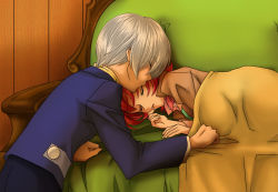 Rule 34 | 1boy, 1girl, alfa system, couch, couple, covering with blanket, closed eyes, green upholstery, hetero, iria animi, kiss, red hair, ruca milda, rukanyo, shirt, short hair, tales of (series), tales of innocence, white hair