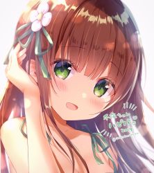 Rule 34 | 1girl, 2019, :d, amedamacon, bare arms, bare shoulders, blush, breasts, brown hair, cleavage, collarbone, commentary request, flower, gochuumon wa usagi desu ka?, green eyes, green ribbon, grey background, hair flower, hair ornament, hair ribbon, hand up, head tilt, heart, long hair, looking at viewer, open mouth, pink flower, ribbon, simple background, smile, solo, translation request, twitter username, ujimatsu chiya, upper body