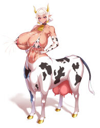 Rule 34 | 1girl, absurdres, animal print, areola slip, bare shoulders, bell, bikini, black collar, blue eyeliner, breast milk, breasts, centauroid, cleavage, collar, collarbone, commentary request, covered erect nipples, cow print, cow print bikini, cow tail, dark-skinned female, dark skin, elbow gloves, eye of horus, eyeliner, full body, gloves, hands on own hips, hatch (hatch24601), hathor (last origin), highres, hooves, horns, huge breasts, lactation, lactation through clothes, last origin, looking at viewer, makeup, monster girl, monsterification, navel, neck bell, parted lips, pointy ears, print bikini, projectile lactation, purple eyes, shadow, short hair, sidelocks, simple background, smile, solo, standing, stomach, swimsuit, tail, taur, transparent background, udder, white background, white bikini, white gloves, white hair