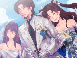 Rule 34 | 100ko, 1boy, 2girls, ^ ^, age difference, bad id, bad pixiv id, bare shoulders, bouquet, boutonniere, bridal veil, bride, brown hair, closed eyes, dress, elbow gloves, facial hair, fate/zero, fate (series), father and daughter, flower, formal, gloves, goatee, hair ribbon, long hair, matou sakura, multiple girls, parted bangs, ribbon, siblings, sisters, suit, tohsaka rin, tohsaka tokiomi, two side up, veil, wedding, wedding dress