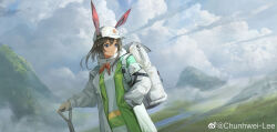 Rule 34 | 1girl, absurdres, amiya (arknights), amiya (planter) (arknights), animal ears, arknights, backpack, bag, baseball cap, blue eyes, brown hair, chunhwei lee, cloud, cloudy sky, dutch angle, ears through headwear, grass, grasslands, hair between eyes, hand in pocket, hat, highres, holding, holding shovel, jacket, long sleeves, looking to the side, medium hair, mountain, official alternate costume, outdoors, rabbit ears, shirt, shovel, sky, solo, turning head, upper body, weibo logo, weibo watermark, white bag, white hat, white jacket, white shirt