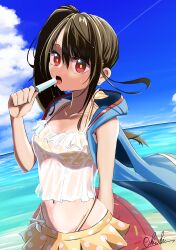 Rule 34 | 1girl, absurdres, alternate costume, beach, bikini, black hair, breasts, c-ms (flying fish assault) (girls&#039; frontline), c-ms (girls&#039; frontline), collarbone, food, girls&#039; frontline, highres, holding, holding food, innertube, long hair, looking at viewer, medium breasts, mole, mole under eye, navel, official alternate costume, ohichi16, open mouth, outdoors, popsicle, red eyes, side ponytail, skirt, sky, sleeveless, sleeveless jacket, swim ring, swimsuit, tongue, tongue out, yellow skirt