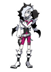 Rule 34 | 1boy, asymmetrical gloves, belt, bike shorts, black hair, boots, bracelet, collar, collarbone, commentary request, creatures (company), cropped jacket, eyeshadow, game freak, gloves, green eyes, gym leader, highres, jacket, jewelry, kagio (muinyakurumi), knees, long hair, long sleeves, makeup, male focus, mismatched gloves, multicolored hair, nintendo, partially fingerless gloves, piers (pokemon), pokemon, pokemon swsh, shirt, simple background, solo, two-tone hair, uneven gloves, white background, white hair, white jacket