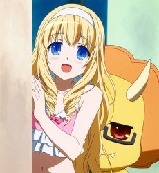 Rule 34 | 10s, 1girl, amagi brilliant park, bikini, blonde hair, blue eyes, blush, character request, drill hair, fujimi shobo, highres, latifa fleuranza, long hair, looking at viewer, open mouth, screencap, smile, standing, stitched, swimsuit, third-party edit