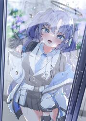 Rule 34 | 1girl, absurdres, blue archive, highres, long hair, nanao (m44132yf), necktie, open mouth, purple eyes, purple hair, smile, solo, standing, two side up, window, yuuka (blue archive)