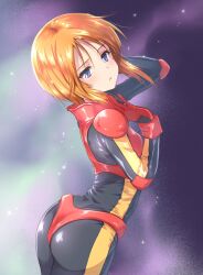Rule 34 | 1girl, ass, back, black bodysuit, blue eyes, bodysuit, breasts, commentary, gloves, gundam, gundam zz, highres, kuroi mimei, looking at viewer, looking back, normal suit, orange hair, pilot suit, puru two, short hair, sidelocks, small breasts, solo