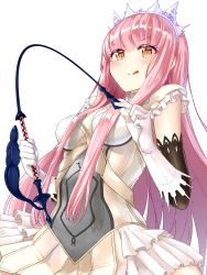 Rule 34 | 1girl, armor, bare shoulders, breasts, elbow gloves, fate/grand order, fate (series), frills, gloves, highres, long hair, medb (fate), medb (fate), orange eyes, pink hair, riding crop, skirt, smile, tiara, tongue, tongue out, very long hair, weapon, whip