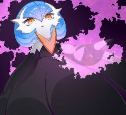 Rule 34 | 1girl, alternate color, aura, bare shoulders, black dress, black gloves, blue hair, bob cut, colored skin, creatures (company), dress, dutch angle, elbow gloves, empty eyes, female focus, flat chest, from below, game freak, gardevoir, gen 3 pokemon, gloves, hair between eyes, happy, jitome, looking at viewer, looking down, lotosu, mega gardevoir, mega pokemon, nintendo, open mouth, orange eyes, pokemon, pokemon (creature), purple background, reaching, reaching towards viewer, shiny pokemon, short hair, simple background, smile, solo, standing, strapless, strapless dress, white skin