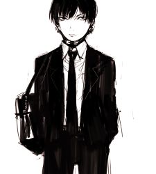 Rule 34 | 00s, 1boy, arms at sides, bad id, bad pixiv id, bag, bell, collar, dress shirt, expressionless, gantz, greyscale, handbag, male focus, monochrome, neck bell, necktie, nishi jouichirou, shaded face, shirt, simple background, solo, standing, un-known (ninesix), white background
