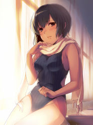 Rule 34 | 1girl, bad id, bad pixiv id, bare arms, black eyes, black hair, black one-piece swimsuit, blush, bob cut, breasts, classroom, closed mouth, competition swimsuit, cowboy shot, curtains, desk, eyebrows, hair between eyes, hand up, hip focus, indoors, light particles, light rays, lips, looking at viewer, medium breasts, on desk, one-piece swimsuit, original, revision, scarf, school, shade, short hair, sideboob, sitting, on desk, solo, striped clothes, striped one-piece swimsuit, swimsuit, thighs, tsukada nari, vertical-striped clothes, vertical-striped one-piece swimsuit, white scarf, window