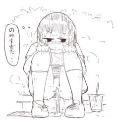 Rule 34 | 1girl, blush, bush, cup, drink, drinking straw, hands on own knees, kneehighs, looking down, lowres, monochrome, panties, panty pull, peeing, puddle, pussy, shirt, shoes, short hair, short sleeves, sketch, skirt, sneakers, socks, squatting, sweat, tako238, thinking, uncensored, underwear