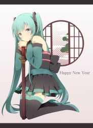 Rule 34 | 1girl, adapted costume, boots, detached sleeves, gradient background, green eyes, green hair, happy new year, harusawa, hatsune miku, high heel boots, high heels, japanese clothes, kimono, kimono skirt, kneeling, letterboxed, long hair, matching hair/eyes, new year, pleated skirt, round window, skirt, solo, thigh boots, thighhighs, twintails, very long hair, vocaloid, window, yamaha