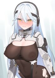 Rule 34 | 1girl, beijuu, blue hair, blush, bodystocking, breasts, cleavage, closed mouth, covered navel, hair between eyes, headphones, highres, large breasts, long hair, looking at viewer, lyfe bestla, nipples, see-through clothes, see-through cleavage, snowbreak: containment zone, solo, torn bodystocking, torn clothes, upper body, white hair, yellow eyes