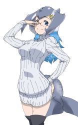 Rule 34 | 10s, 1girl, adjusting eyewear, anchor hair ornament, aqua hair, blowhole, blue whale (kemono friends), boots, cetacean tail, commentary request, cowboy shot, dress, fins, fish tail, glasses, grey hair, hair ornament, hand on eyewear, hand on own hip, highres, kemono friends, long hair, long sleeves, multicolored hair, smile, solo, sweater, sweater dress, tail, tanabe (fueisei), thigh boots, thighhighs, turtleneck, white hair