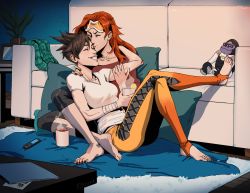Rule 34 | 2girls, artist request, barefoot, brown hair, closed eyes, couch, couple, cup, emily (overwatch), eyewear on head, feet, goggles, happy, highres, kiss, kissing forehead, multiple girls, nail polish, overwatch, overwatch 1, red hair, scarf, sitting, smile, spiked hair, stirrup legwear, stuffed animal, stuffed toy, tea, toeless legwear, toenail polish, toenails, tracer (overwatch), winston (overwatch), yuri