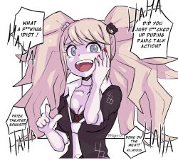 Rule 34 | 1girl, bear hair ornament, black bra, black choker, black necktie, black shirt, blonde hair, blue eyes, bra, breasts, choker, cleavage, collarbone, collared shirt, commentary, commentary typo, crying, crying with eyes open, danganronpa: trigger happy havoc, danganronpa (series), english commentary, english text, enoshima junko, fingernails, gameplay mechanics, hair ornament, hand on own face, large breasts, laughing, long fingernails, long hair, nail polish, necktie, open mouth, pointing, pointing at viewer, profanity, rajaie101, red nails, school uniform, shirt, simple background, smug, solo, tears, teeth, twintails, twitter username, two-tone necktie, underwear, upper body, upper teeth only, white background, white necktie
