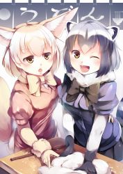 Rule 34 | 10s, 2girls, :d, ;d, animal ears, arm around waist, black bow, black bowtie, black gloves, black hair, black skirt, blonde hair, blue shirt, blush, bow, bowtie, brown eyes, commentary request, common raccoon (kemono friends), dough, fang, fennec (kemono friends), fox ears, fox tail, gloves, highres, kanzakietc, kemono friends, kneading, looking at another, multicolored hair, multiple girls, one eye closed, open mouth, pink sweater, pleated skirt, puffy short sleeves, puffy sleeves, raccoon ears, raccoon tail, shirt, short sleeves, skirt, smile, sweater, tail, white hair, yellow bow, yellow bowtie, yellow gloves