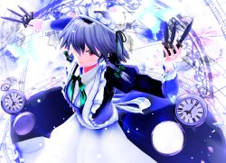Rule 34 | 1girl, 3d, apron, artist request, between fingers, bow, braid, bug, butterfly, grey hair, hair bow, holding, holding knife, insect, izayoi sakuya, juliet sleeves, knife, knives between fingers, kurogoma (meganegurasan), long sleeves, maid, maid apron, maid headdress, mikumikudance (medium), puffy sleeves, red eyes, solo, touhou, twin braids, watch