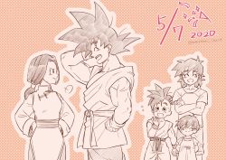 Rule 34 | 2020, 2girls, 3boys, :d, :o, puff of air, ^ ^, arms behind back, black eyes, black hair, chi-chi (dragon ball), child, china dress, chinese clothes, closed eyes, collarbone, commentary request, couple, crossed arms, dated, dot nose, dougi, dragon ball, dragonball z, dress, eyelashes, family, father and son, flying sweatdrops, frilled sleeves, frills, furrowed brow, grandfather and granddaughter, grandmother and granddaughter, hand on own head, hand on own hip, hand up, hands on own hips, happy, height difference, hetero, highres, husband and wife, laughing, looking at another, low ponytail, mattari illust, mohawk, mother and son, multiple boys, multiple girls, muscular, muscular child, nervous, open mouth, outline, pan (dragon ball), partially colored, pink background, pink theme, polka dot, polka dot background, ponytail, profile, short hair, shorts, simple background, smile, son goku, son goten, spiked hair, sweatdrop, teeth, twitter username, uncle and niece, upper body, upper teeth only, uub, very short hair, wristband