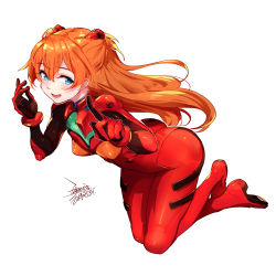 Rule 34 | 1girl, ass, blue eyes, bodysuit, breasts, chinese commentary, commentary request, curvy, dated, ejami, full body, hair ornament, huge ass, interface headset, long hair, looking at viewer, multicolored bodysuit, multicolored clothes, neon genesis evangelion, orange hair, pilot suit, plugsuit, red bodysuit, signature, simple background, skin tight, smile, solo, souryuu asuka langley, two side up, very long hair, white background, wide hips