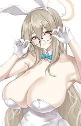 Rule 34 | 1girl, absurdres, akane (blue archive), akane (bunny) (blue archive), animal ears, blue archive, bow, bowtie, breasts, brown scarf, cleavage, crimecrime, detached collar, glasses, gloves, halo, highres, large breasts, leotard, official alternate costume, pantyhose, playboy bunny, rabbit ears, scarf, smile, solo, white gloves, white leotard, white pantyhose