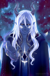 Rule 34 | 1boy, aaravos (the dragon prince), artist name, black horns, black sclera, colored sclera, colored skin, daisy-flauriossa, diamond facial mark, elf, grey skin, hair between eyes, horns, long hair, looking at viewer, male focus, night, night sky, outdoors, pointy ears, sky, solo, the dragon prince, upper body, watermark, white hair, yellow eyes