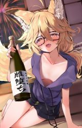 Rule 34 | 1girl, aerial fireworks, animal ears, arm support, barefoot, black-framed eyewear, black shorts, blonde hair, blurry, blurry background, blush, bottle, breasts, collarbone, commission, depth of field, downblouse, fireworks, fox ears, fox girl, fox tail, glasses, hair between eyes, highres, holding, holding bottle, indoors, long hair, looking at viewer, no bra, nose blush, nyahu (nyahu 77), original, purple shirt, red eyes, sake bottle, shirt, short shorts, short sleeves, shorts, sitting, skeb commission, small breasts, solo, tail