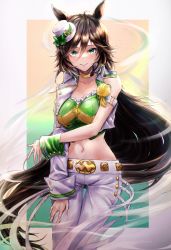 Rule 34 | 1girl, ahoge, animal ears, bare shoulders, blue eyes, bow, breasts, brown hair, choker, commentary request, cowboy shot, crop top, cropped jacket, green bow, green shirt, grin, hair between eyes, hat, hat bow, highres, horse ears, jacket, long hair, long sleeves, looking at viewer, medium breasts, midriff, mini hat, mini top hat, mr. c.b. (umamusume), navel, open clothes, open jacket, pants, shirt, single sleeve, smile, solo, sora utsuro (ameya), standing, stomach, strapless, strapless shirt, top hat, umamusume, very long hair, white hat, white jacket, white pants, wrist cuffs, yellow choker