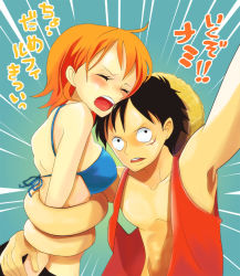 Rule 34 | bikini, bikini top only, emphasis lines, closed eyes, hat, himerinco, monkey d. luffy, nami (one piece), one piece, open mouth, orange hair, scar, short hair, straw hat, swimsuit, translated, upper body