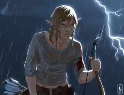 Rule 34 | 1boy, arror, backlighting, belt, belt buckle, blonde hair, blood, blood on face, blood on clothes, blue eyes, bow (weapon), buckle, cloud, cloudy sky, collarbone, coralie jubenot, dated, earrings, grey shirt, holding, holding bow (weapon), holding weapon, jewelry, lightning, link, lips, long hair, male focus, nintendo, outdoors, parted lips, pink hair, quiver, rain, see-through, shirt, signature, sky, solo, the legend of zelda, the legend of zelda: breath of the wild, upper body, weapon, wet, wet clothes, wet shirt
