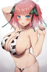 Rule 34 | 1girl, animal print, bare shoulders, bikini, black ribbon, blue eyes, blunt bangs, blush, breasts, butterfly hair ornament, cleavage, collarbone, cow print, criss-cross halter, go-toubun no hanayome, gradient background, hair ornament, halterneck, highres, large breasts, looking at viewer, nakano nino, navel, open mouth, pink hair, ribbon, sideboob, skindentation, solo, swimsuit, two side up, usa b, white bikini