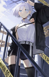 Rule 34 | 1girl, black jacket, blue eyes, breast strap, breasts, caution tape, choker, earrings, highres, jacket, jewelry, looking down, medium breasts, moon earrings, off-shoulder jacket, off shoulder, original, parted lips, short hair, smile, solo, stairs, star741, symbol-only commentary, thighhighs, white hair