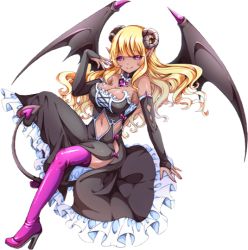 Rule 34 | 1girl, artist request, black dress, black gloves, black sclera, black wings, blonde hair, blunt bangs, boots, breasts, bridal gauntlets, cleavage, clothing cutout, colored sclera, curled horns, dark-skinned female, dark skin, demon girl, dress, elbow gloves, female focus, full body, gloves, horns, large breasts, long hair, looking at viewer, monster musume no iru nichijou, monster musume no iru nichijou online, nail polish, navel, official art, pink eyes, pink footwear, pink nails, pointy ears, saki (monster musume), simple background, slit pupils, solo, stomach cutout, tail, thigh boots, thighhighs, transparent background, wings
