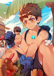 Rule 34 | 1girl, 2boys, absurdres, black male swimwear, black one-piece swimsuit, black swim trunks, blue gloves, blue sky, brown hair, clenched hand, closed mouth, cloud, crab, day, drink, eyepatch, food, from behind, glass, gloves, highres, looking at another, male swimwear, multiple boys, nintendo, nipples, one-piece swimsuit, outdoors, palm tree, popsicle, pyra (pro swimmer) (xenoblade), pyra (xenoblade), red hair, rex (cloud sea shark) (xenoblade), rex (xenoblade), sand castle, sand sculpture, short hair, sitting, sky, sora (zwz030), swim trunks, swimsuit, tears, tree, watermelon bar, xenoblade chronicles (series), xenoblade chronicles 2, yellow eyes, zeke von genbu (surfinator) (xenoblade), zeke von genbu (xenoblade)