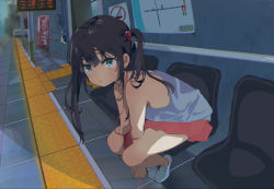 Rule 34 | 1girl, arms between legs, black hair, blue eyes, chair, hair bobbles, hair ornament, leaning forward, long hair, looking at viewer, original, outdoors, poka (kai ar), red skirt, shoes, sitting, skirt, solo, tactile paving, tank top, thighs, train station, twintails, white footwear, white tank top