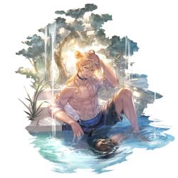 Rule 34 | 1boy, abs, aqua eyes, blonde hair, blue choker, choker, granblue fantasy, hair between eyes, hand up, long hair, looking at viewer, male focus, naoise, official art, open clothes, open shirt, pants, parted lips, partially submerged, shirt, sitting, solo, tree, water, wet, wet clothes, white shirt