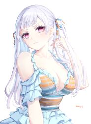 Rule 34 | 1girl, black clover, blue dress, breasts, cleavage, dress, grey hair, highres, large breasts, long hair, looking at viewer, multicolored clothes, multicolored dress, noelle silva, orange dress, pink eyes, simple background, slacky y, solo, twintails, white background