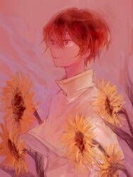 Rule 34 | 1boy, brown eyes, brown hair, capelet, commentary, flower, hair between eyes, hamslyn0824, highres, jabuchi you, male focus, parted lips, saibou shinkyoku, shirt, short hair, smile, solo, sunflower, upper body, white capelet, white shirt
