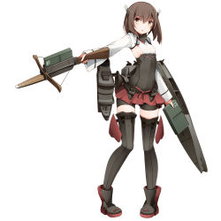 Rule 34 | 10s, 1girl, anti-aircraft, anti-aircraft gun, bad id, bad pixiv id, bike shorts, blouse, boots, bow (weapon), breasts, brown eyes, brown hair, crossbow, flat chest, flight deck, full body, headband, headgear, kantai collection, kinakomoti, machinery, pleated skirt, shirt, short hair, skirt, smile, solo, taihou (kancolle), thigh boots, thighhighs, weapon