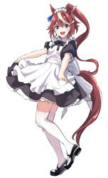 Rule 34 | 1girl, animal ears, apron, black dress, black footwear, blue eyes, blush, brown hair, dress, full body, high ponytail, highres, horse ears, horse girl, horse tail, legs, long hair, maid, maid apron, maid headdress, mary janes, misu kasumi, multicolored hair, open mouth, puffy short sleeves, puffy sleeves, revision, shoes, short sleeves, simple background, smile, solo, streaked hair, tail, thighhighs, tokai teio (umamusume), two-tone hair, umamusume, white apron, white background, white hair, white thighhighs