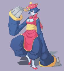Rule 34 | 1girl, blue hair, blue skin, blush stickers, breasts, capcom, chinese clothes, claw (weapon), cleavage cutout, clothing cutout, colored skin, flipped hair, hamachixyz, hat, jiangshi, large breasts, lei lei, ofuda, qingdai guanmao, short hair, solo, vampire (game), weapon, yellow eyes