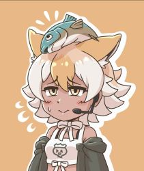Rule 34 | 1girl, acesrulez, animal costume, animal ear fluff, animal ears, bare shoulders, black jacket, blonde hair, closed mouth, coyote (kemono friends), extra ears, fish, jacket, kemono friends, kemono friends v project, microphone, multicolored hair, ribbon, shirt, short hair, simple background, sweat, virtual youtuber, white shirt, wolf ears, wolf girl, yellow eyes