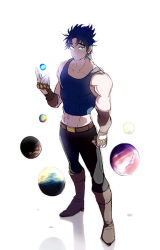 Rule 34 | 1boy, bad id, bad pixiv id, blue eyes, blue hair, bubble, fingerless gloves, from above, full body, gloves, jojo no kimyou na bouken, jonathan joestar, looking at viewer, male focus, matching hair/eyes, muscular, senzzang, simple background, solo, standing, white background