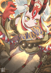 Rule 34 | 1girl, arm at side, beads, blonde hair, bright pupils, demon girl, eyelashes, facial mark, fate/grand order, fate (series), fingernails, fire, floating hair, floral print, from above, hand up, highres, holding, holding weapon, horns, ibaraki douji (fate), japanese clothes, kimono, legs apart, long fingernails, long hair, long sleeves, markings, nail polish, official art, oni, oni horns, prayer beads, red nails, rope, shadow, shimenawa, short kimono, solo, sou (pale 1080), standing, third eye, weapon, white pupils, wide sleeves, yellow eyes, yellow kimono